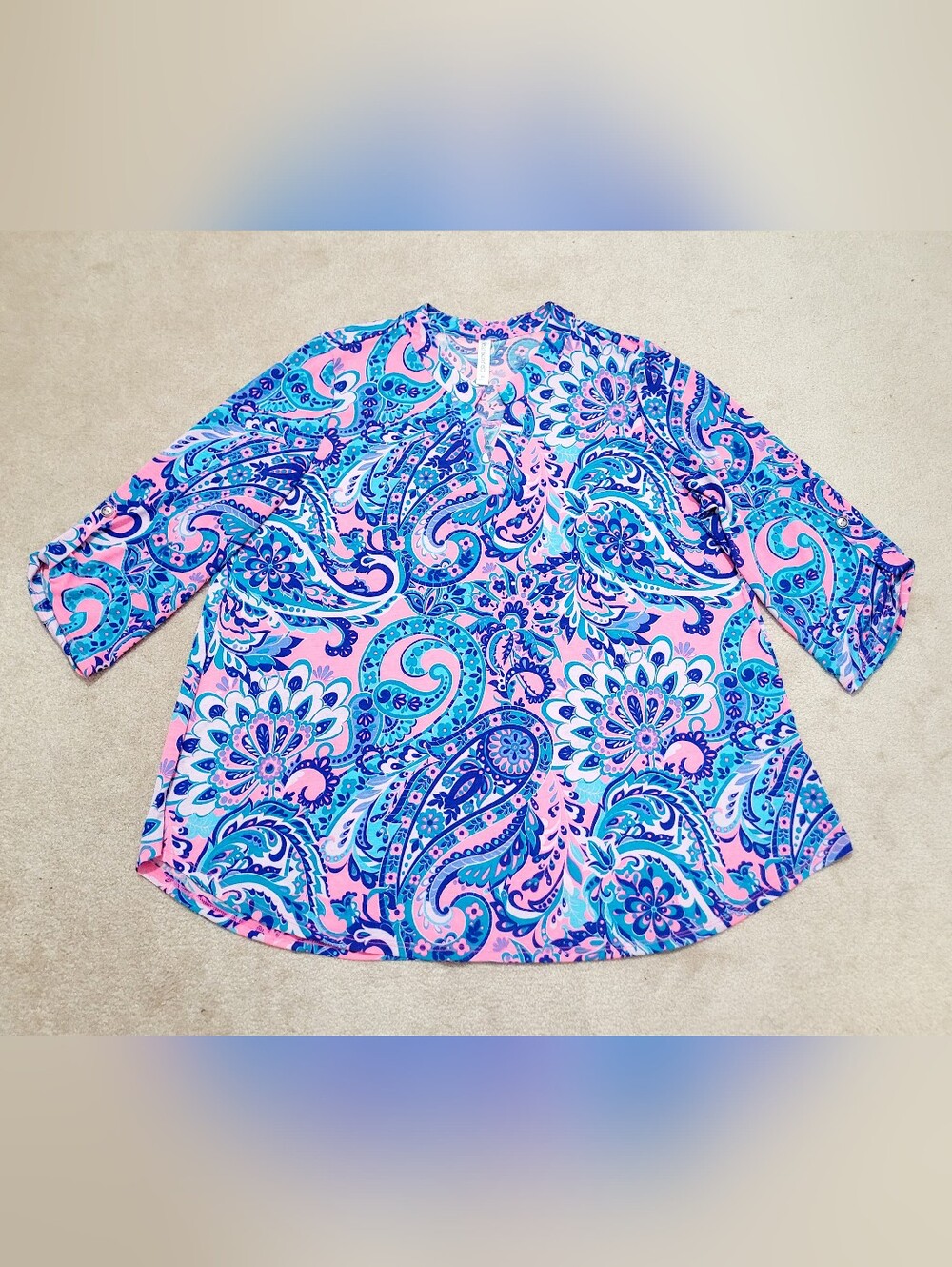 Dear Scarlett Size XL Paisley Tunic Top Pink Blue Roll Tab Sleeve Stretch Boho - Picture 12 of 13